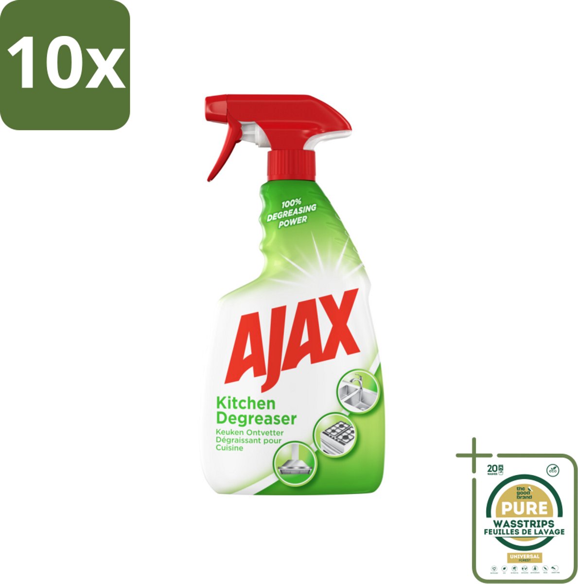 10 x Ajax Keukenspray 750 ml - Grootverpakking - Keukenontvetter - Vetverwijderen - Keuken Reinigen - Keukenoppervlakken Reinigen - Hardnekkig Vet Verwijderen
