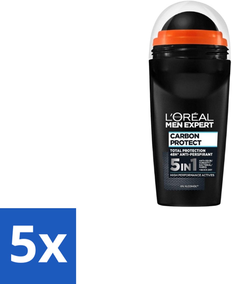 5 x L’Oréal Paris Men Expert – Deodorant Roller – Carbon Protect 5-in-1 – 50 ml - Anti-transpirant - Deodorant Roller - 5-in-1 - Anti-vlek - Geur