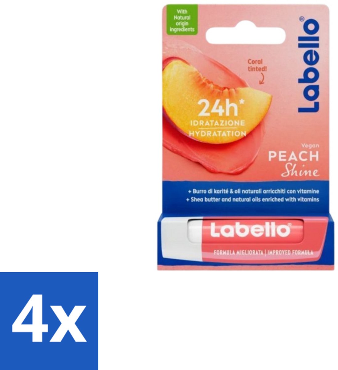 4 x Labello Lippenbalsem Blister Peach Shine 4,8 gr - Lippenbalsem - Vegan Lippenbalsem - Perzikaroma - Glans Lippen - Natuurlijke Lippenbalsem
