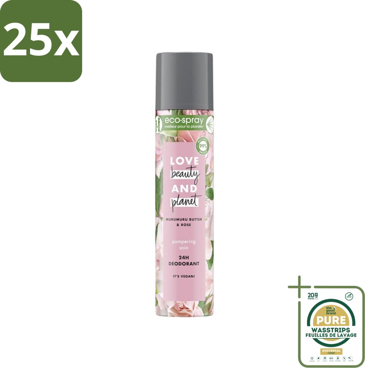 25 x Love Beauty and Planet - Deospray - Murumuru Butter & Rose - 75 ml - Grootverpakking - Deospray - Murumuru Butter - Roze Geur - Vegan Deodorant - Natuurlijke Deodorant