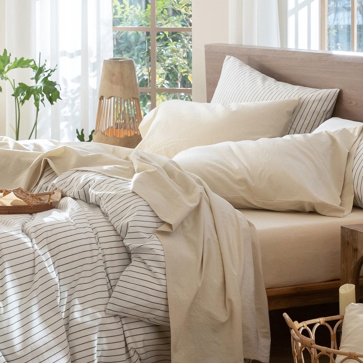 MooMee Beddengoedset, 100% gewassen katoen, linnen, gestructureerd, ademend, duurzaam, zacht, comfortabel - ShopVlot