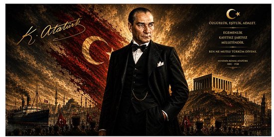 Mustafa Kemal Atatürk in een pak, met vlag en schepen op de achtergrond.
