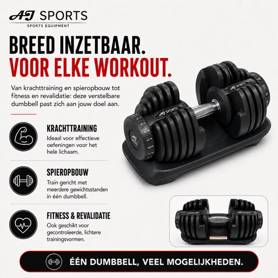 Zwarte verstelbare dumbbell met "AJ SPORTS" logo, op een zwarte standaard. Tekst: "Breed inzetbaar. Voor elke workout."