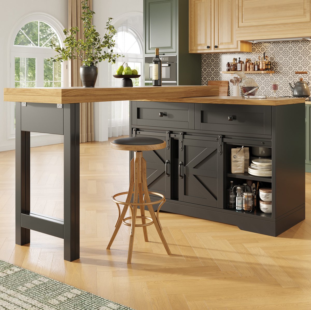 COVREO Eettafel 120-197x40x72 cm zwart MDF, 2-in-1 keukeninsel met opbergruimte