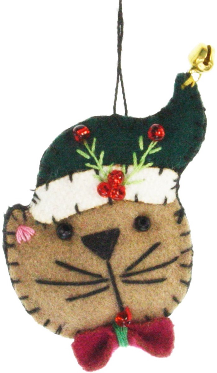 Kat met kerstmuts (mini bruin/ groen), vilt 4,5x1x6cm