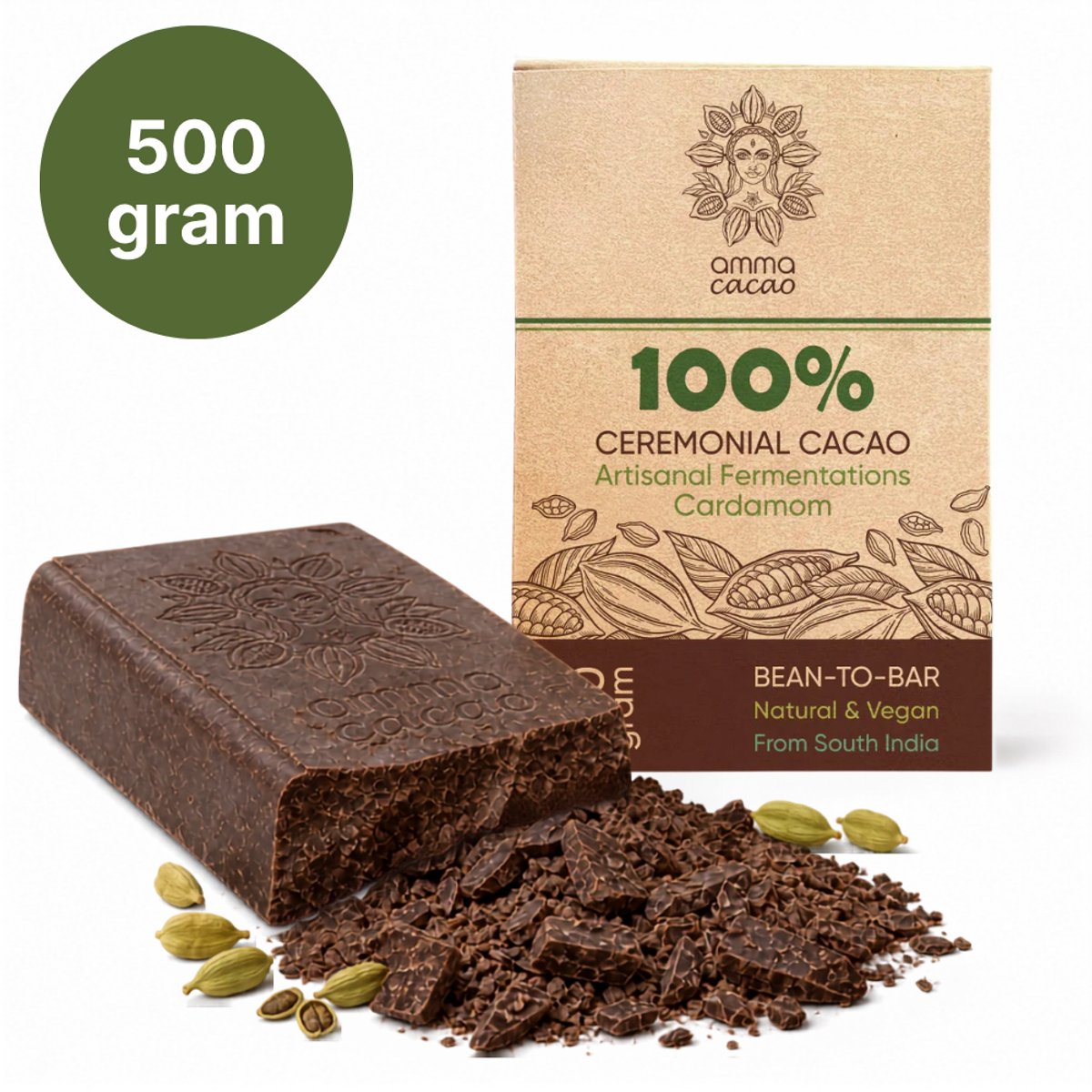 CacowGirls Amma Cacao Kardemom – Ceremoniële Cacao Blok 500 g – 100% Pure Cacaomassa uit India – Gefermenteerd met Kardemom – Koffievervanger