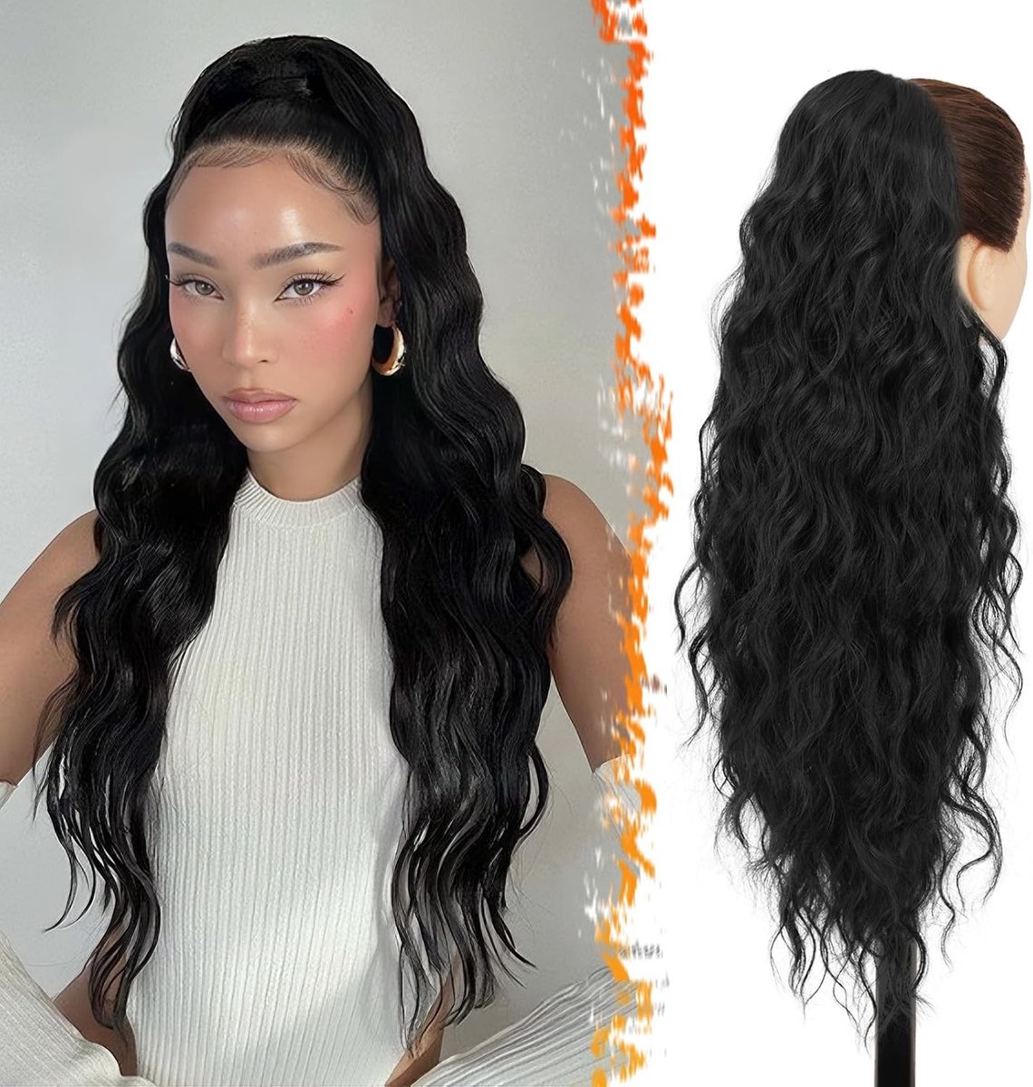 Zwarte Ponytail Extension van 26 inch met Krullen en Treksluiting voor Vrouwen - Natuurlijke Look, Synthetische Haarstuk, Gemakkelijk te Bevestigen