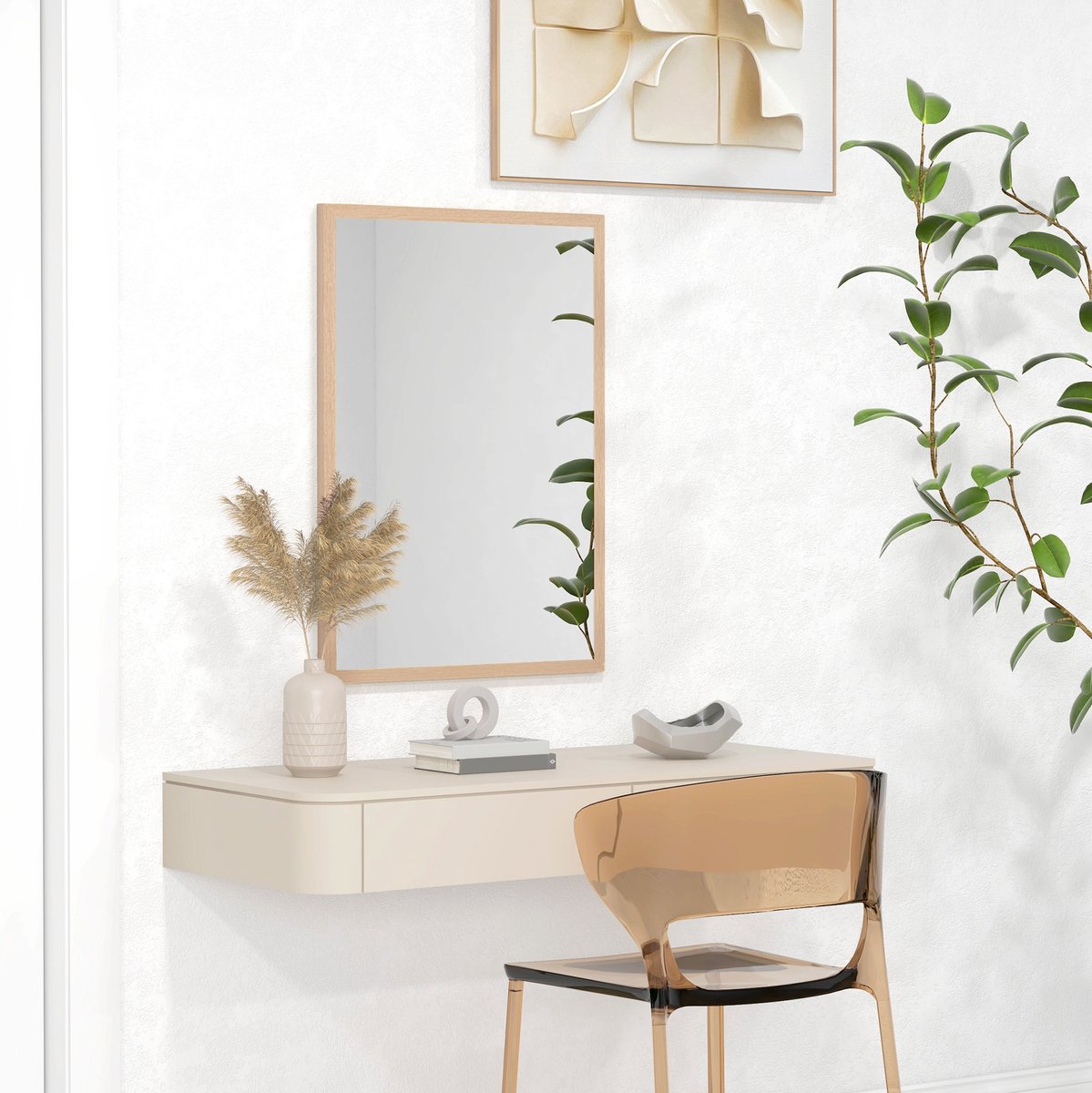 REDOM - Wandspiegel - Rechthoekig - Met 4 haken - MDF lijst - Slaapkamer en badkamer - MDF en glas - Natuurlijk hout - 50 x 70 cm