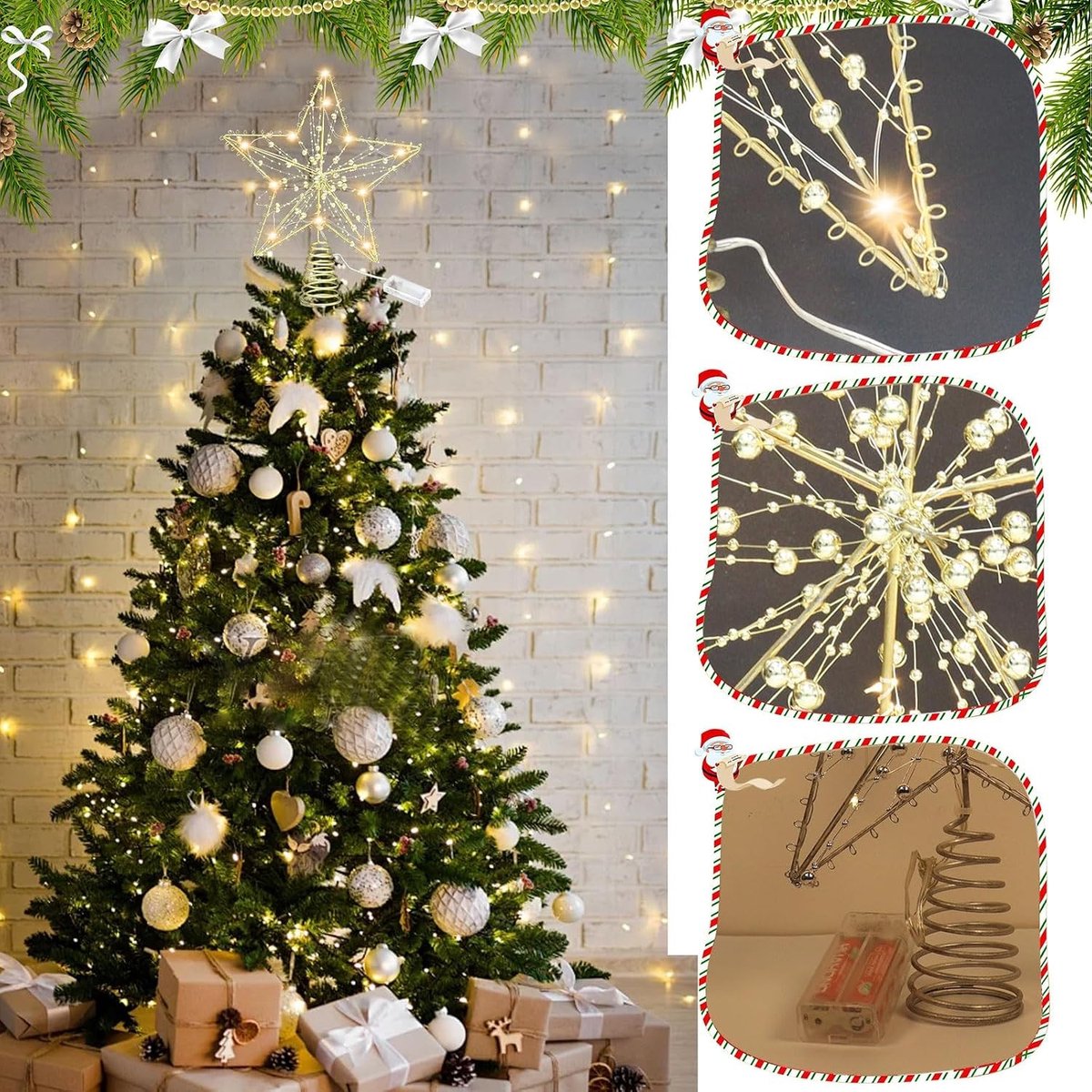 Gouden Ster Kerstboomtopper met Glitter en 10 LED Lichten voor Feestelijke Kerstdecoratie