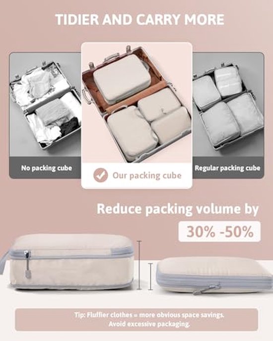 Compressie verpakking kubussen - Reis organizers - Bagage organiseren - Comprimeerbaar ontwerp - 4 stuks - Beige — afbeelding 5
