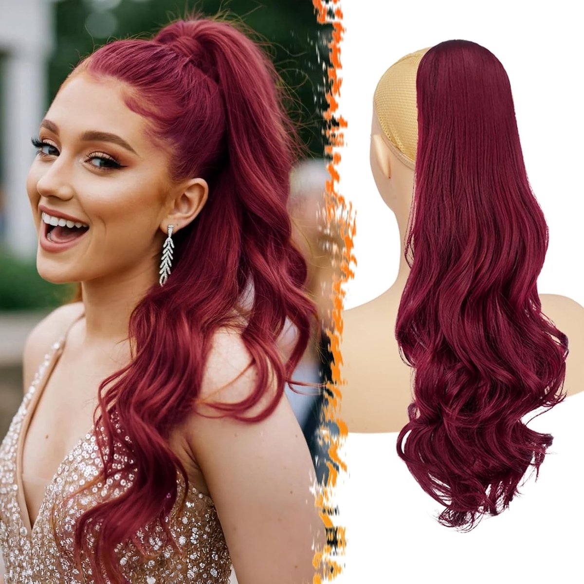 Ponytail Extensions 50cm Wavy Burgundy Rood, Clip-in Haarstuk met Touwtje voor een Natuurlijke Uiterlijk, Krullend Rood Haaraccessoire voor Vrouwen