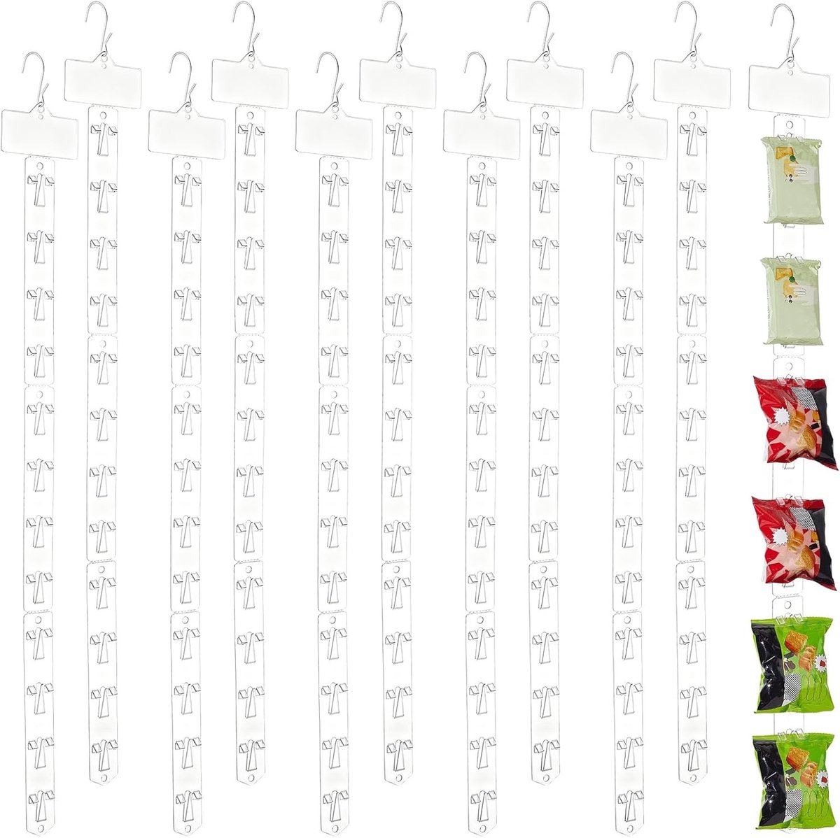 Ophangstrips en S-haakclips voor chipzakhouders - 50 stuks, 67 cm, ideaal voor winkeldisplay en labelkoppen, transparant en stevig