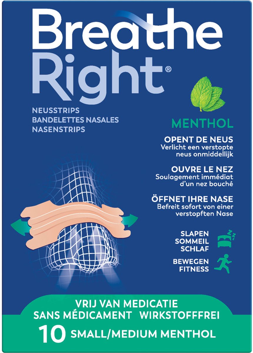 Breathe Right Menthol Neusstrips - Opent de Neus - Verfrissende Mentholgeur - Small/Medium - 10 Strips