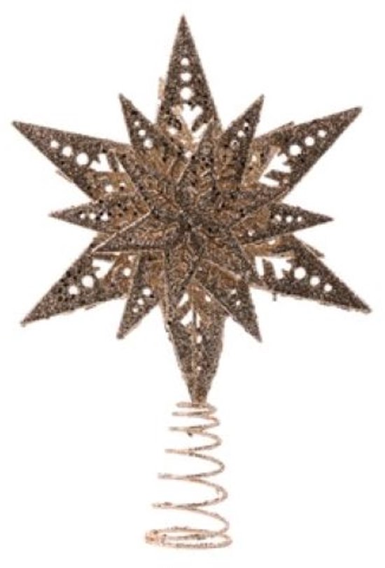 Gouden kerstboomster met opengewerkte decoratie en glitter, met spiraalvoet.