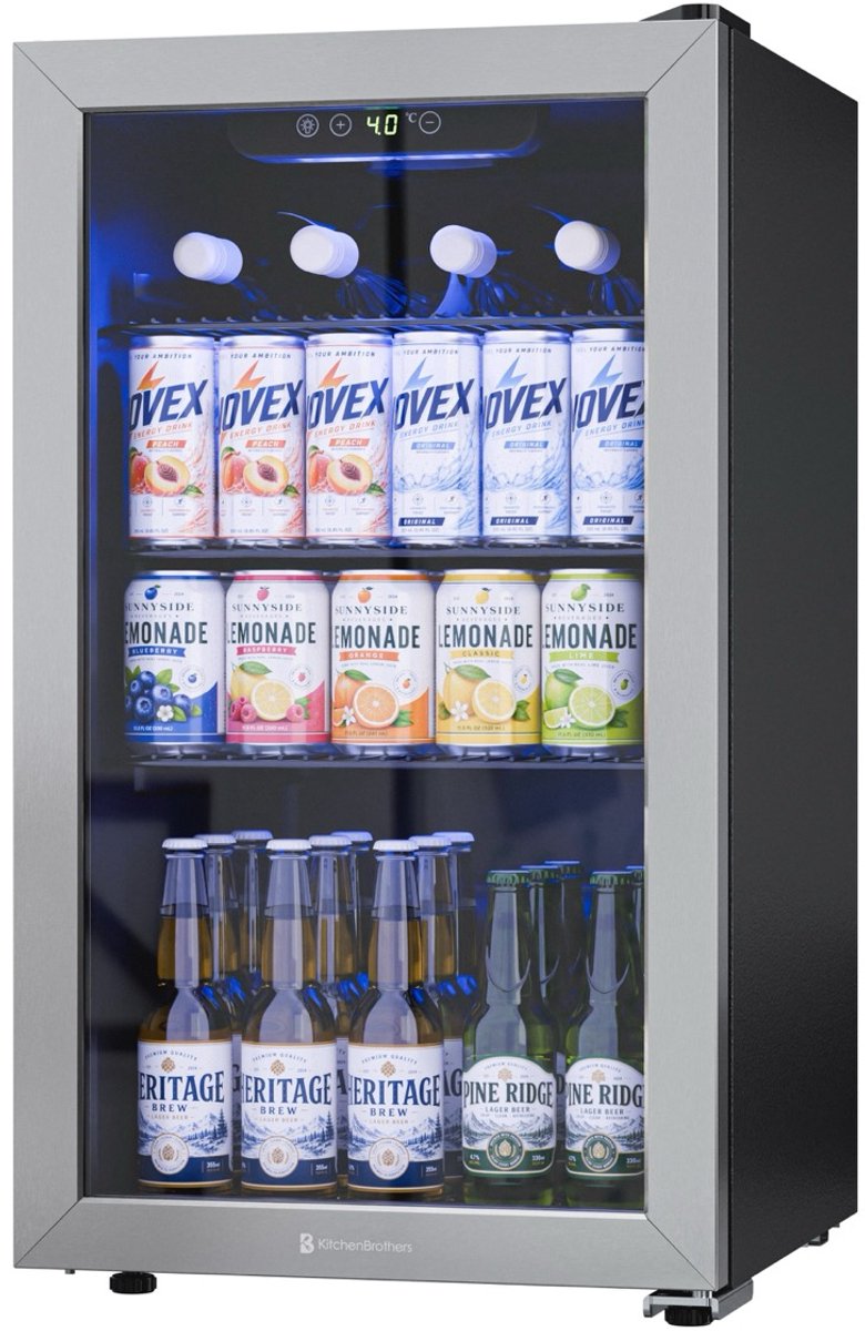KitchenBrothers Drankkoelkast - 90L - Mini Koelkast - Glazen Deur - Minibar - 110 Blikjes - Zwart