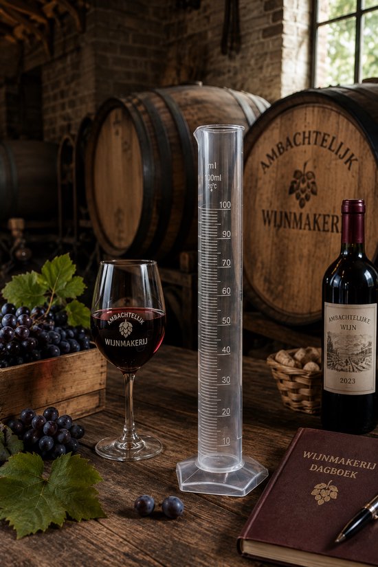 Maatcilinder van 100 ml op een houten tafel met wijnvaten, druiven, een glas rode wijn en een wijnmakersdagboek.