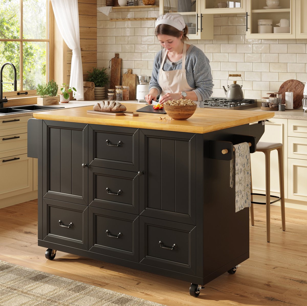 COVREO Keuken eiland 120x73x93 cm zwart MDF, met 5 lades en opklapblad