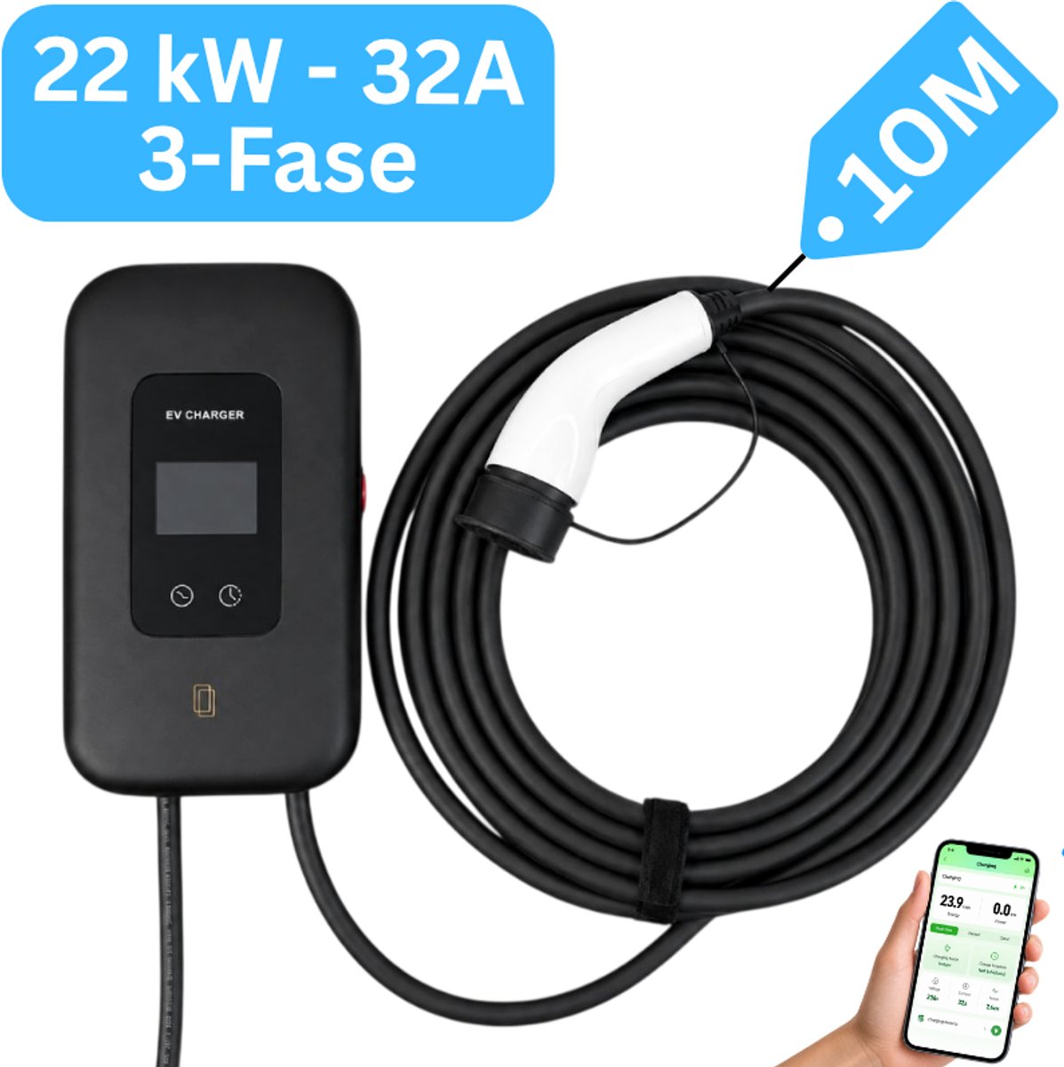 Laadpaal 22 kW met gratis app | 10 meter vaste kabel Type 2 | 3 RFID pasjes | Mobiele app / Wifi | IP65 waterdicht | Type B beveiliging | 2 jaar garantie | Slimme Wallbox 22 kW 3 fase 32A