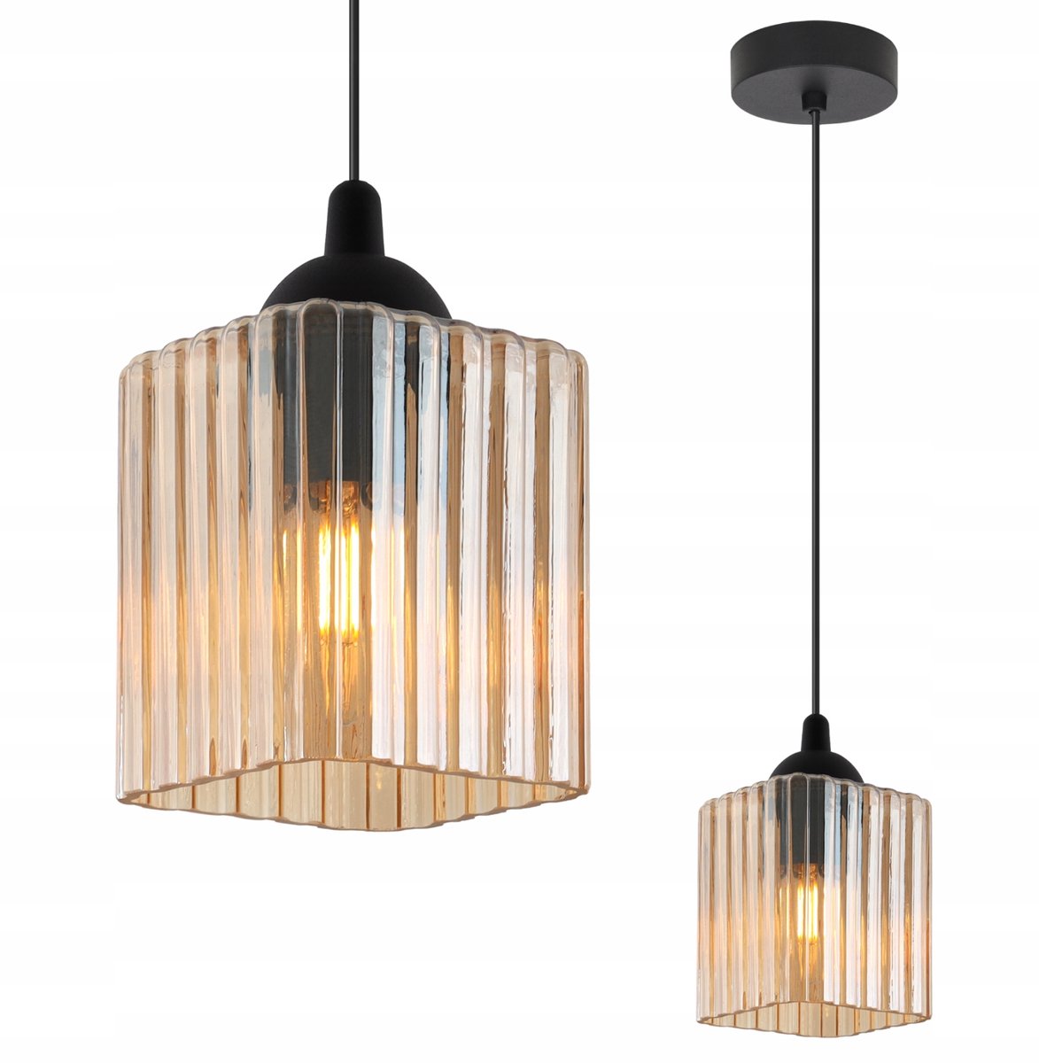 Moderne Hanglamp Zwart met Honingkleurige Geribbelde Kap - E27