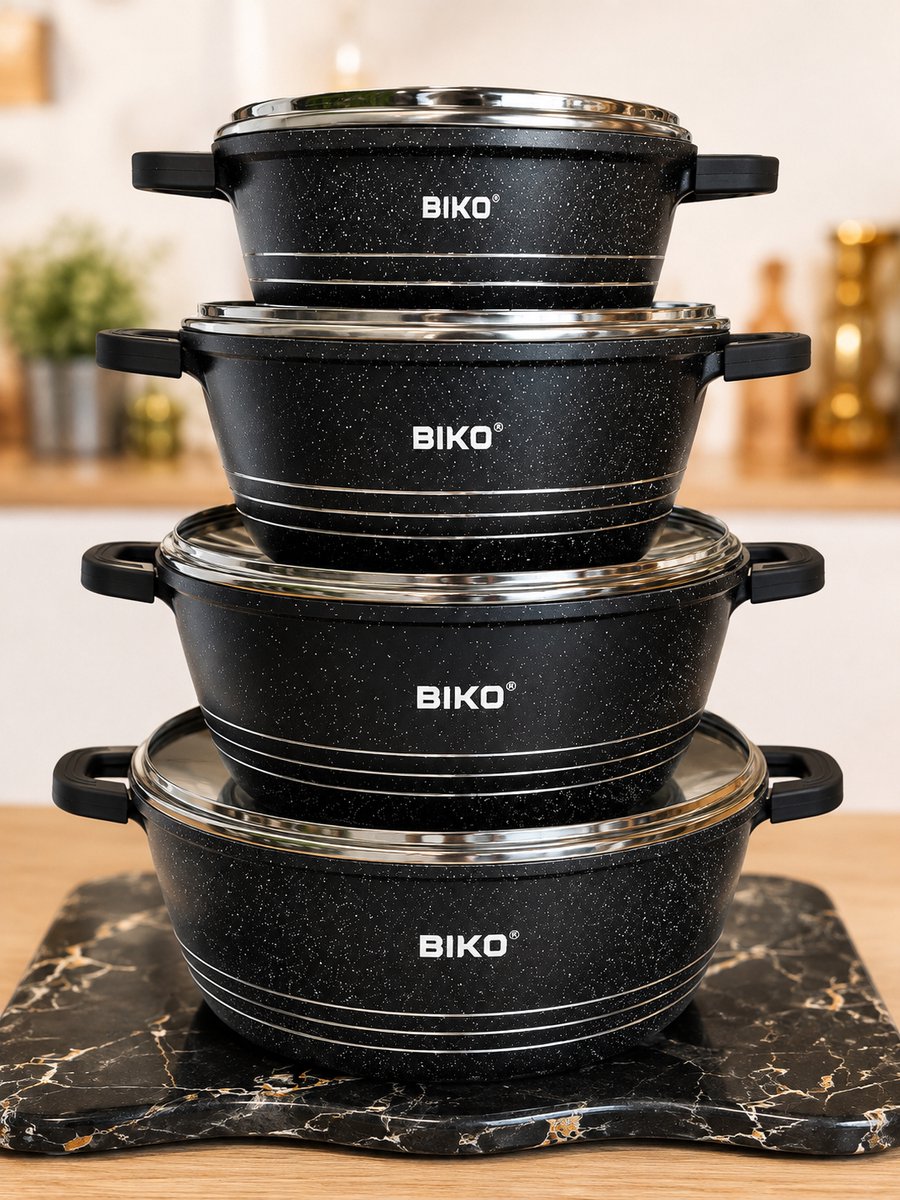 BIKO 8-delige Pannenset – 20/24/28/32 cm – Marmeren Antiaanbaklaag – Geschikt voor Inductie – Zwart