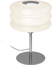 Verlichte witte en chroom Tortora tafellamp met een ronde voet en gestapelde lampenkap.