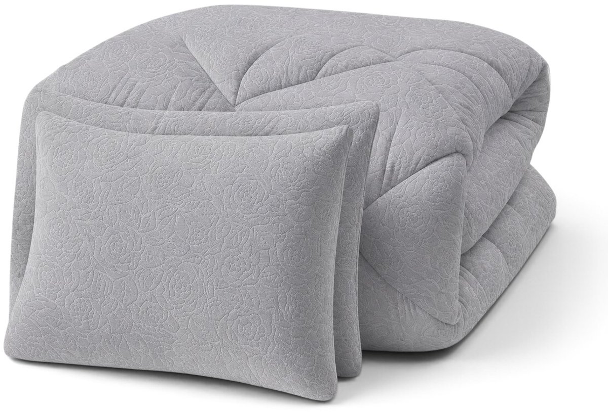 Bed Care - Lazy Dekbed- Dekbed Zonder Overtrek - Embossed Floral - 240x220 - Grijs - Inclusief Kussenslopen 60x70 cm