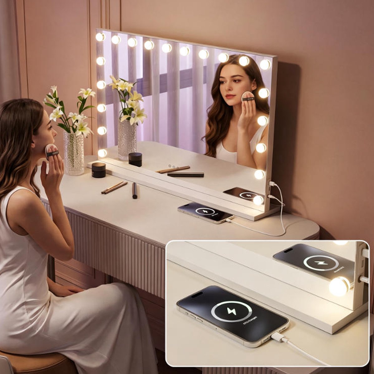 Auralum MAX Hollywood Spiegel 90x60CM - 20 LED Lampen - Make Up Spiegel - 3 Lichtkleuren - Dimbaar - 10x Vergroting - Smart Touch Bediening - USB + Type‑C Oplaadpoort - Wit