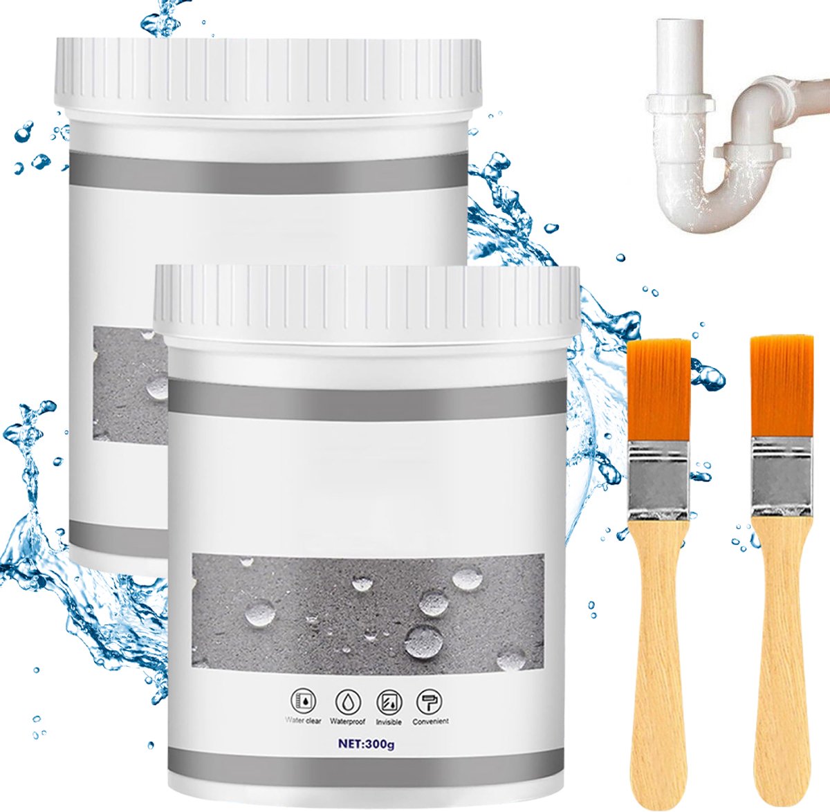 Transparante Afdichtingscoating - Waterdichte Coating Set 2x 300 g - Kleurloos - Voor Naden en Scheuren - Bestand tegen Hoge en Lage Temperaturen - Inclusief 2 Kwasten - Voor Muren, Daken en Vensterbanken
