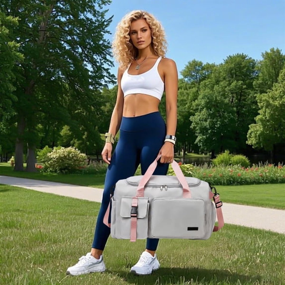 Ulisem - Sporttas Voor Dames - Grote Capaciteit - Lichtgewicht - Met Ventilerend Schuhvak - Waterafstotend - Weekendreistas, Geschikt Voor Fitness, Training, Reizen En Outdoor‑Activiteiten, Polyester Reistas Met Meerdere Opbergvakken - Grijs
