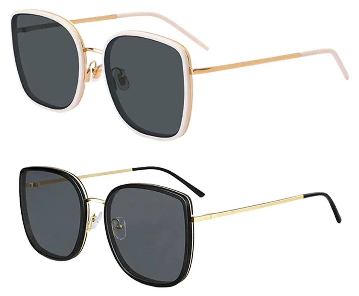 Set van twee retro zonnebrillen, unisex, veelzijdig, functioneel, verkrijgbaar in zwart/beige, inclusief brillenaccessoires.