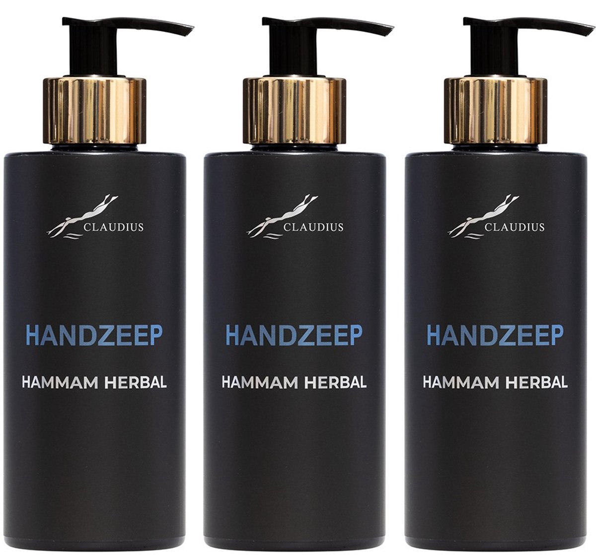 Handzeep Hammam Herbal 300 ml - met gouden pomp - zwarte fles - set van 3 stuks - Voordeelverpakking