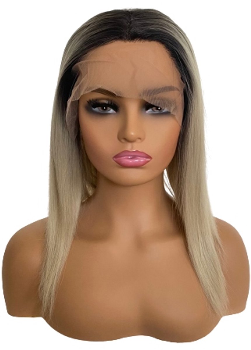 Kantenpruik Platina Blond 40cm met Donkere Aanzet & Gratis Muts