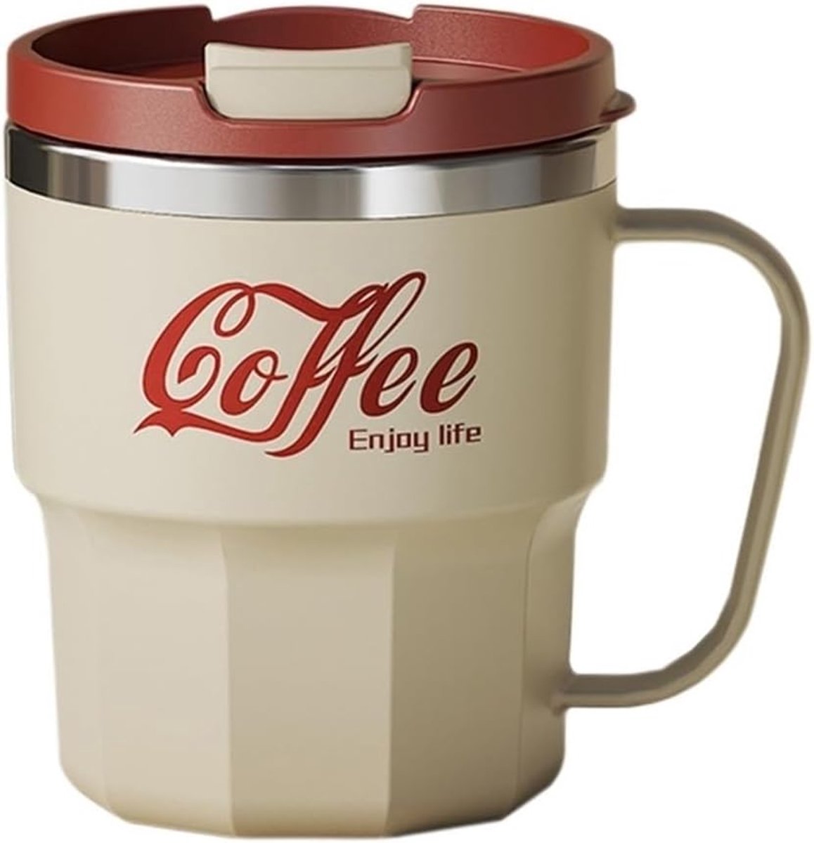 Herbruikbare koffiekopje met deksel, mok met handvat en deksel, roestvrij staal thermisch geïsoleerde reiskoffie beker (uit wit)