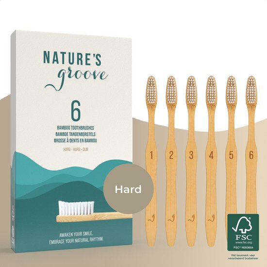 Nature’s Groove® Bamboe Handtandenborstels Hard - Set van 6 - Handmatige Houten Tandenborstel