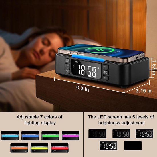 9-in-1 draadloos laadstation met Bluetooth-luidspreker, wekker, FM-radio en nachtlampje - compatibel met iPhone 17/16/15/Samsung S25/S24/Android, USB/Type-C/AUX, telefoonhouder, DP-013C zwart — afbeelding 4
