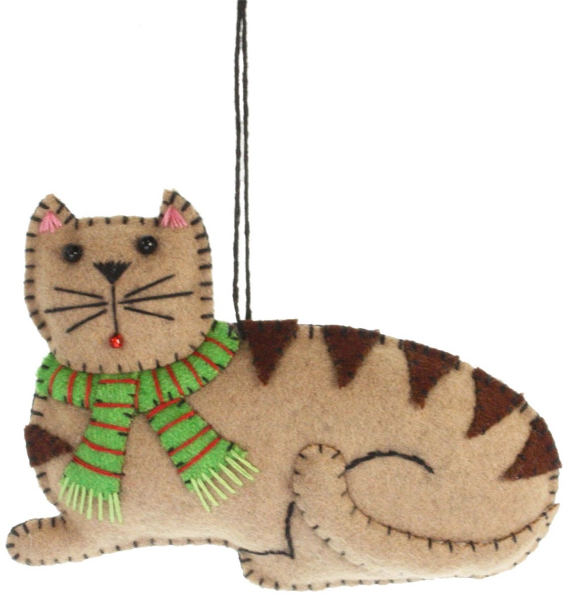 Kat liggend met sjaal bruin/ groen, vilt 12x2x8cm