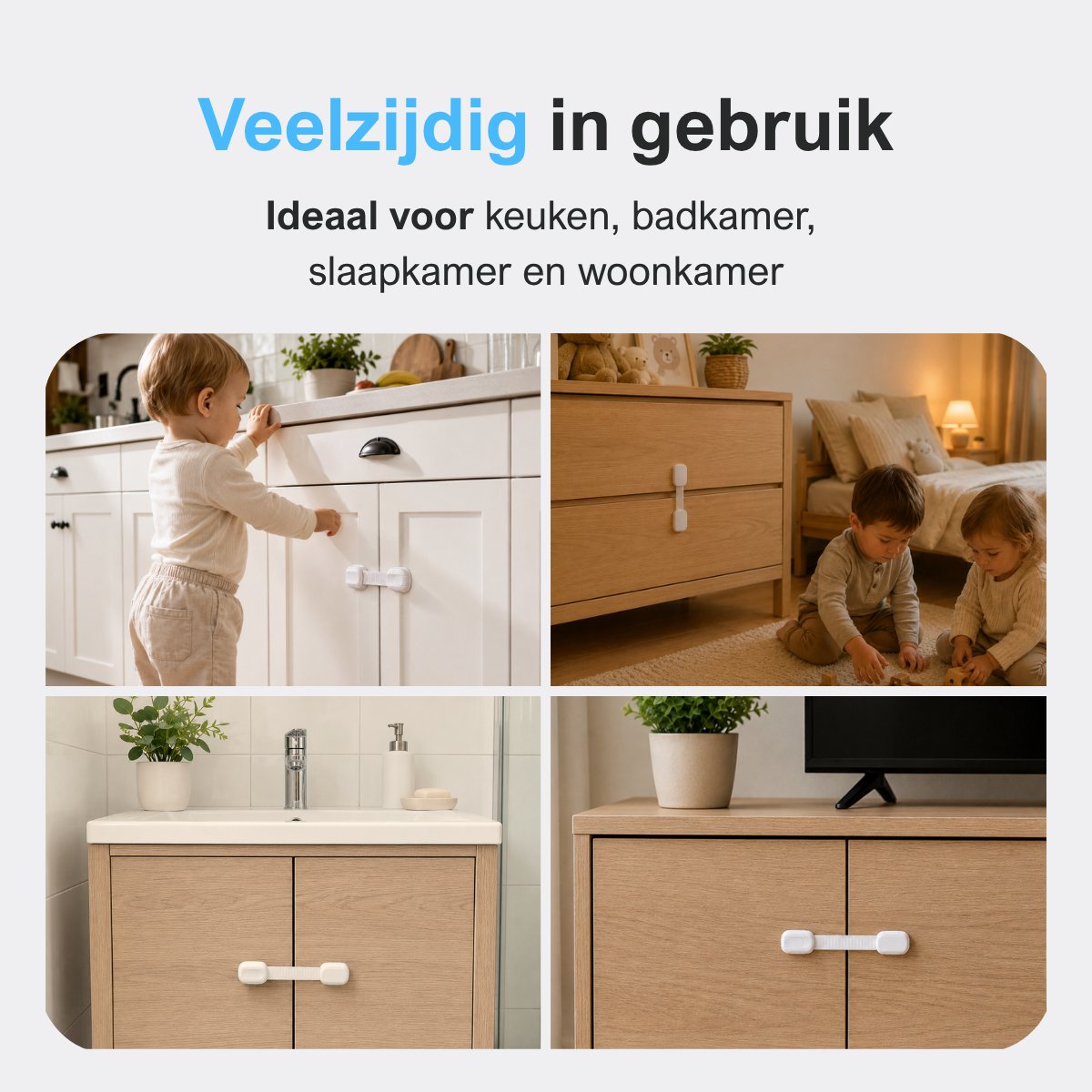 MasonPro Kinderslot Kastjes - Kastbeveiliging voor Kinderen - Kinderbeveiliging voor Kasten en Lades - Kinderslot Kast - Kinderveiligheid - Kastsloten Baby - Deurbeveiliging Kinderen - Zonder Boren & Schroeven - 8 Stuks - 3x18CM - Wit – foto 4