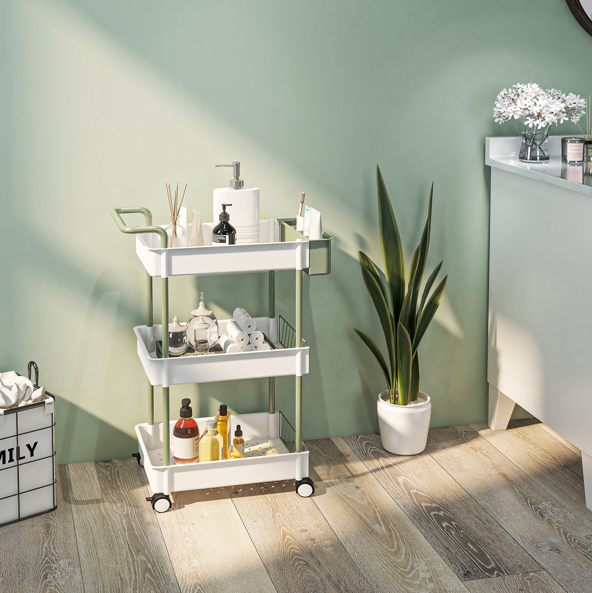 MIVRAY Rollwagen Met 3 Etages En Hangmand 50 X 29,4 X 77 Cm Kunststof Wit Voor Badkamer En Keuken Met Handgreep En Wielen