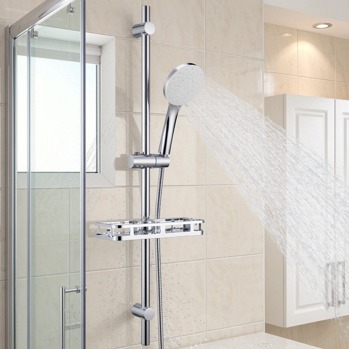 Auralum Max Doucheset met Handdouche - Douchekop Ø 12 cm - 90 cm Glijstang - Inclusief XL Doucheplank - 6 Standen - Doucheslang 150 cm - RVS Complete Glijstangset - Waterbesparend - Chroom&Wit