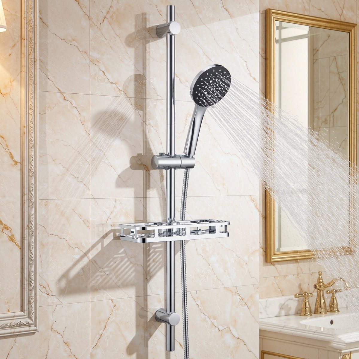 Auralum Max Doucheset met Handdouche - Douchekop Ø 12 cm - 90 cm Glijstang - Inclusief XL Doucheplank - 6 Standen - Doucheslang 150 cm - RVS Complete Glijstangset - Waterbesparend - Chroom&Zwart