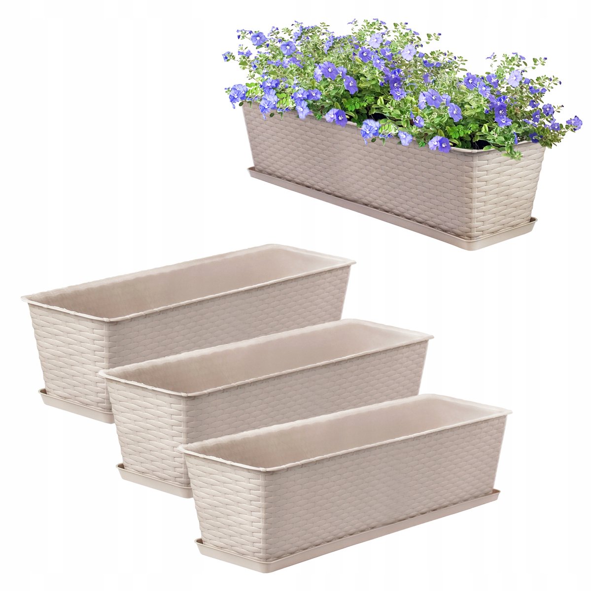 3x Beige Balkonbakken met Schotels 60cm - Duurzaam Kunststof