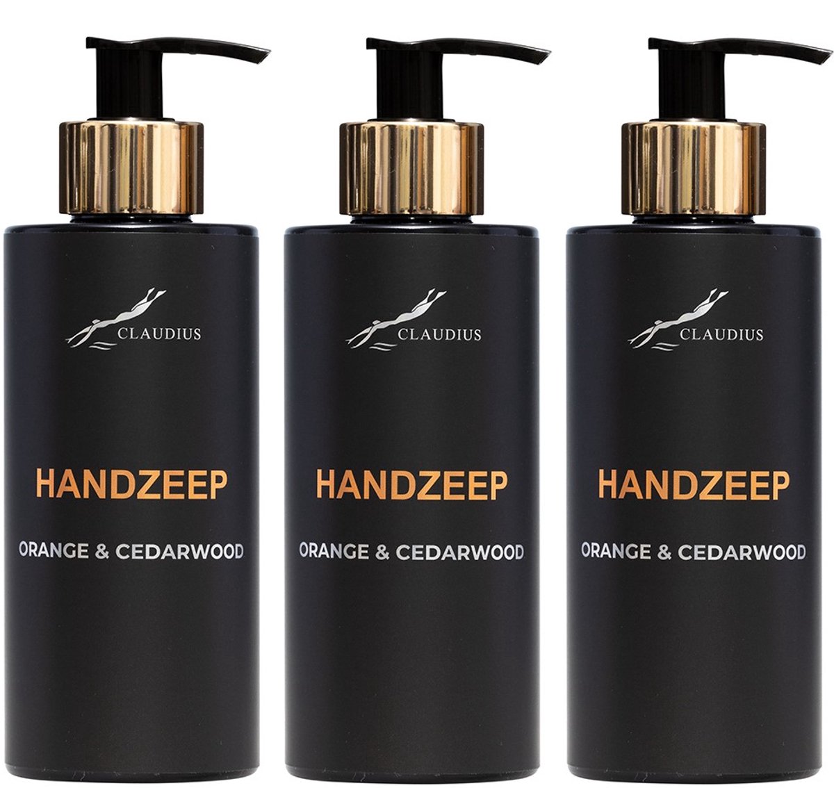 Handzeep Sweet Orange & Cedarwood 300 ml - met gouden pomp - zwarte fles - set van 3 stuks - Voordeelverpakking