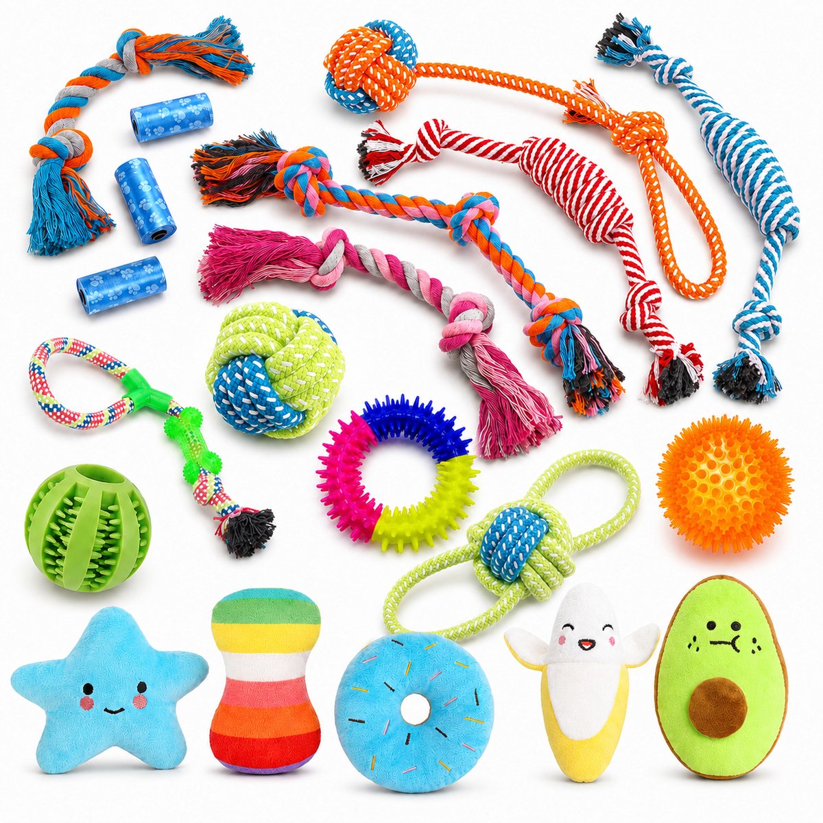DOWO® - Honden speelgoed Set - 20-Delig - Puppy's t/m Middelgrote Honden - Hondenspeelgoed - Speelgoed Hond - Hondenspeeltjes - Intelligentie - Touw - Flostouw - Bijtring - Bal