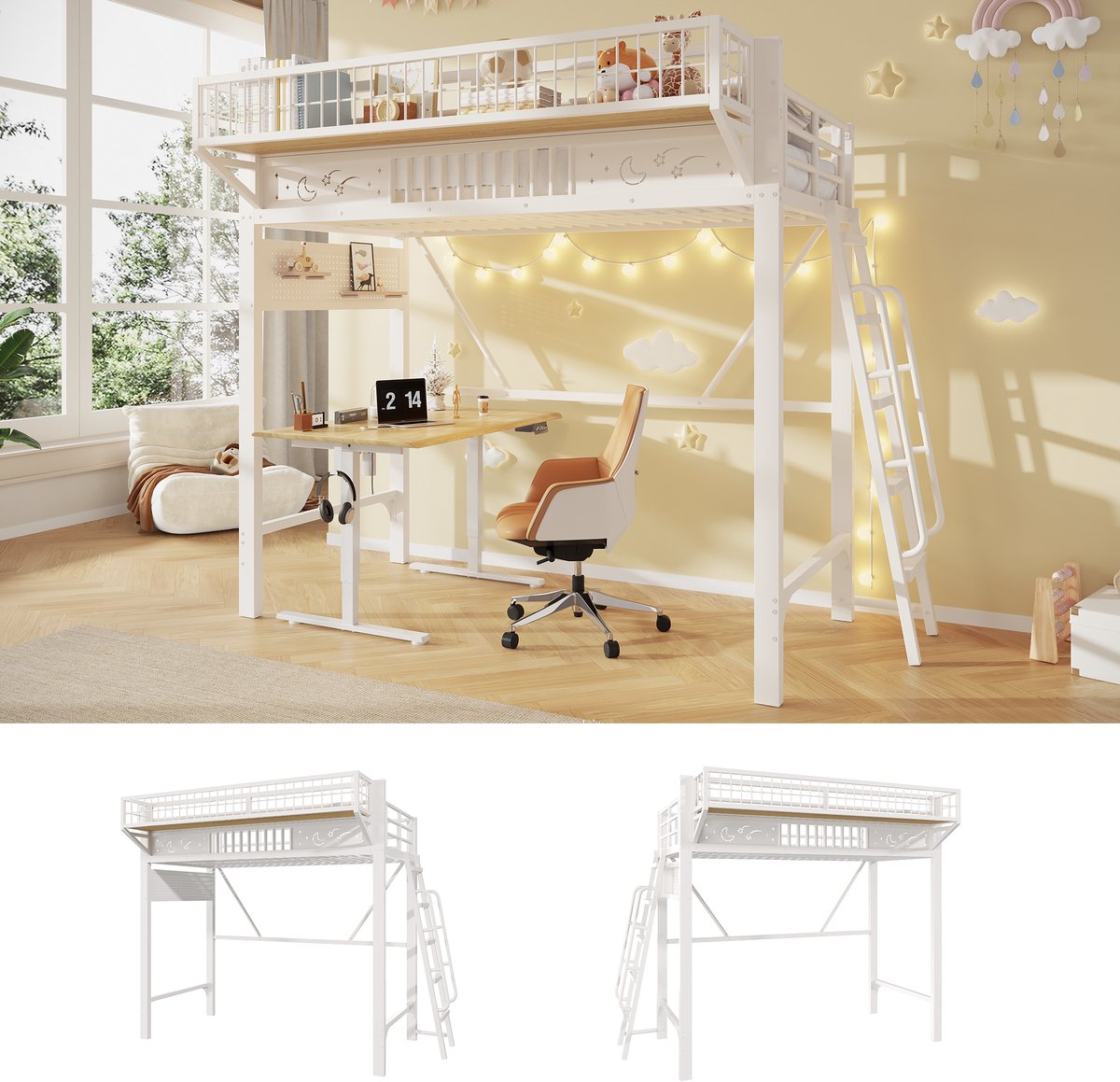 Kinderbed, Hoogbed, 90 x 200 cm, metalen bedframe, opbergkasten, open onderste verdieping, zonder matras, wit