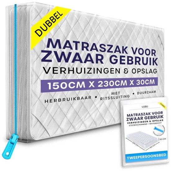 Dubbele matrashoes voor zwaar gebruik, 150cm x 230cm x 30cm, met rits, duurzaam, herbruikbaar.