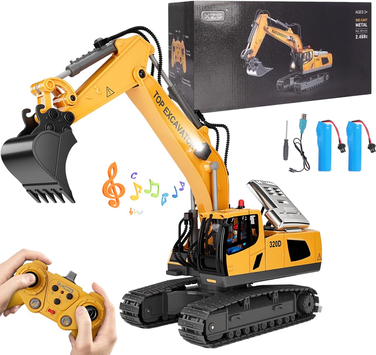 RC Graafmachine - Bestuurbare Graafmachine 2,4GHz 12-Kanaals - 680° Draaibaar - Metalen Graafbak - LED Licht en Motorgeluid - 2x 1200mAh Accu - Voor Kinderen en Bouwvoertuig Rollenspel