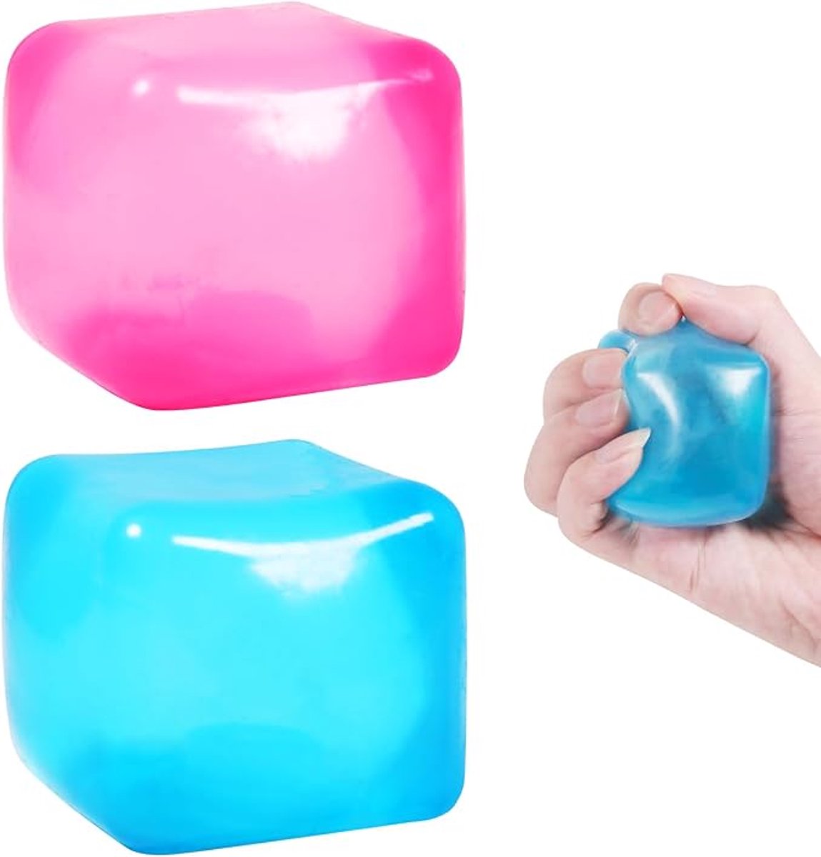 VONKELIOS®Set van 2 zachte rubberen knijpballen, geschikt voor volwassenen en kinderen, helpt je ontspannen - ijsblokjesvorm - vierkante vulling, roze, , blauw (2 stuks)