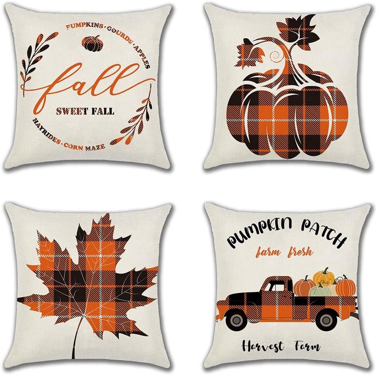 Set van 4 Herfst Kussenhoezen met Oranje Ruit, Pompoen en Esdoornblad voor Sofa en Bank, Decoratieve Linnen Kussens (40 x 40 cm)