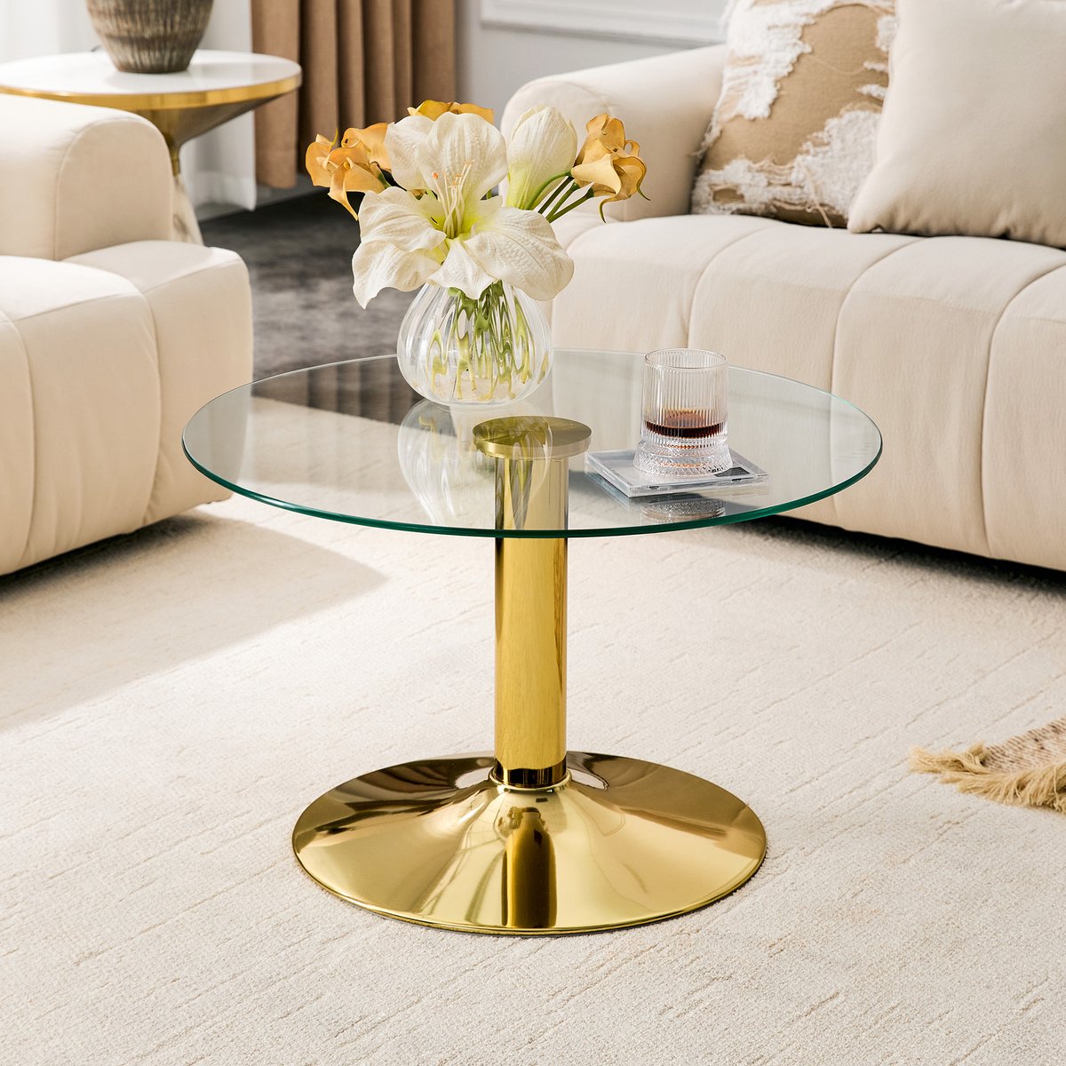 VVBV Ronde Salontafel 70x70x45 cm - Gehard Glas, Metalen Onderstel - Goud, Glas/Metaal