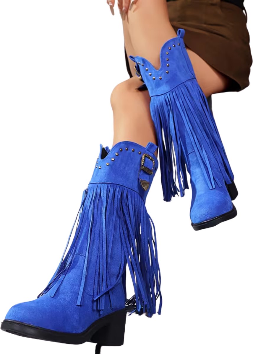 Currero Dames Cowboy Laarzen Hoge Hak Enkellaarzen Kniehoge Western Boots Chelsea 38 Blauw